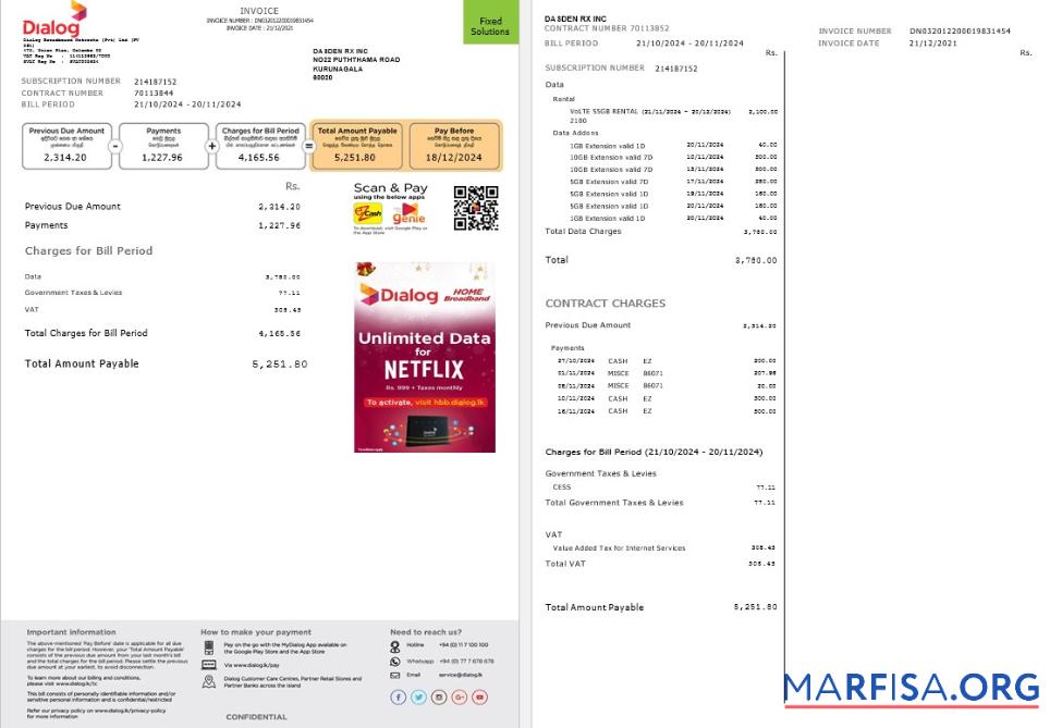 Realistic Sri Lanka Dialog business utility bill template in Word and PDF formats, 2 pages
